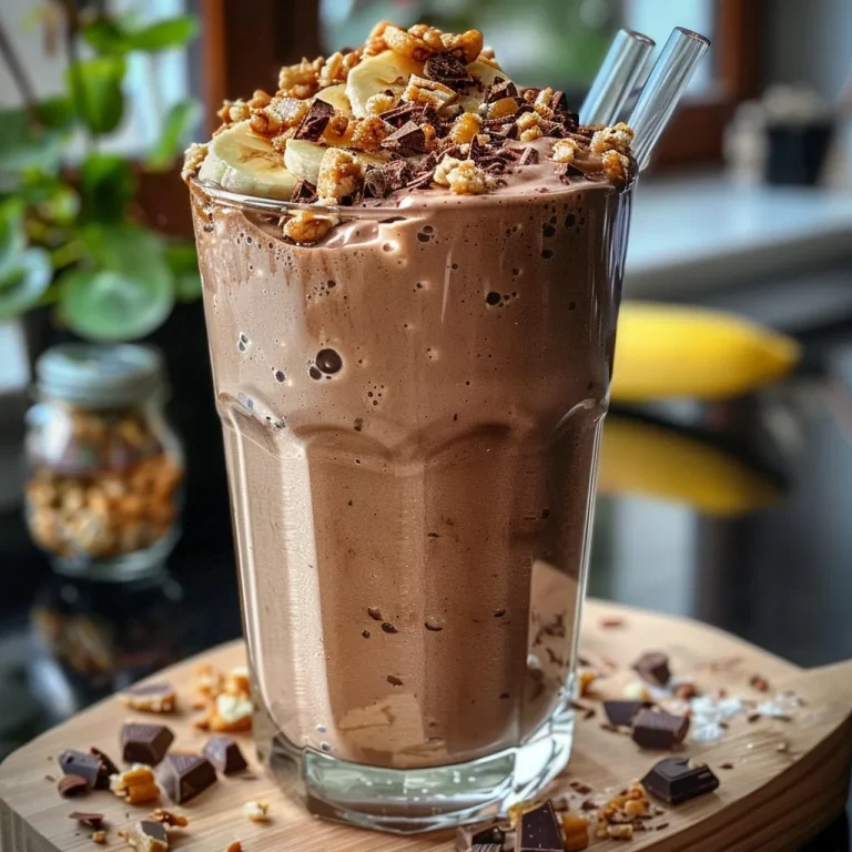 A close-up side view of a creamy banana chocolate shake in a glass.
