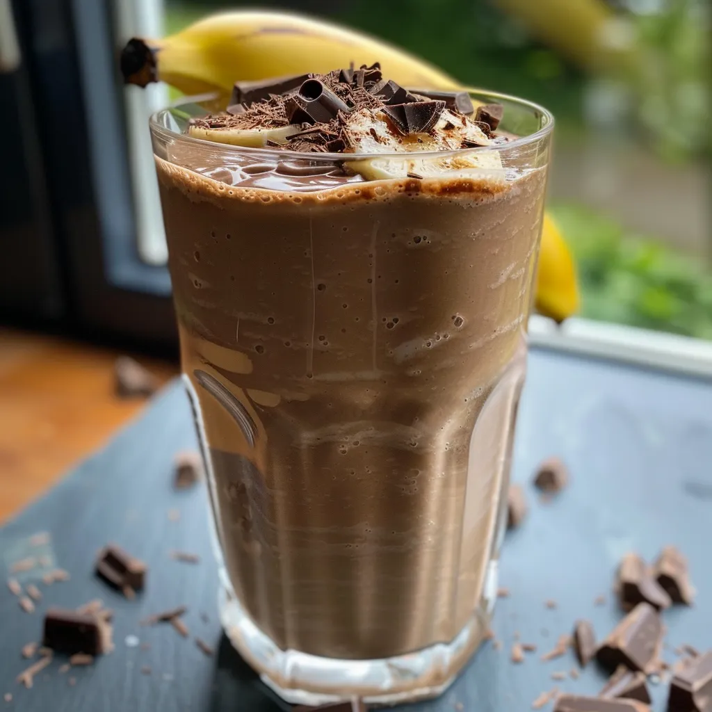 A freshly blended banana chocolate shake with a smooth texture in a glass.