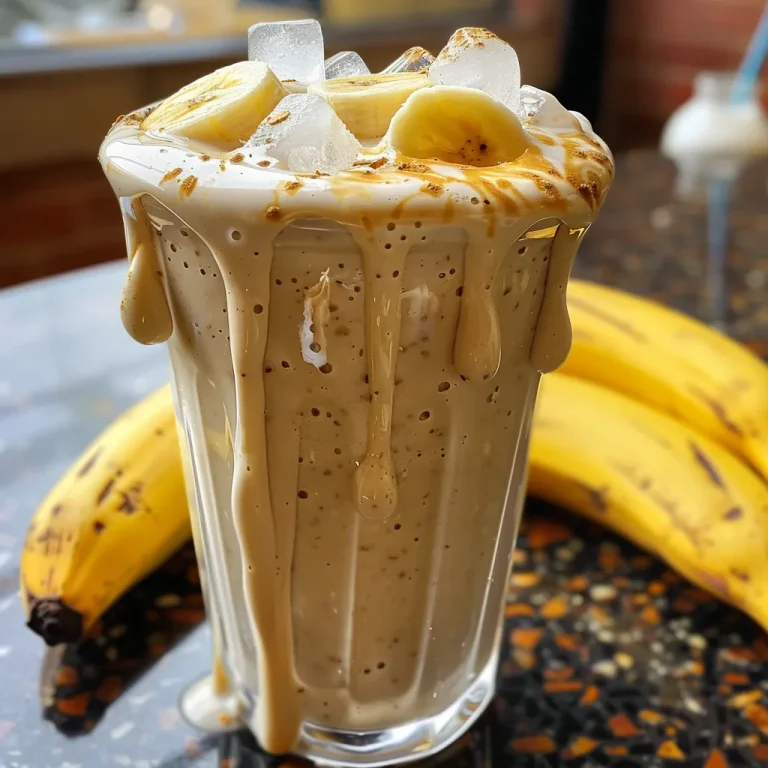 Savor the Sweetness Crafting Your Ultimate Banana Milkshake Close-up side view of a creamy banana milkshake in a glass, showing ice cubes and a slice of banana on top.