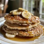 Close-up view of Banana Oatmeal Pancakes stacked on a plate, topped with fresh banana slices.