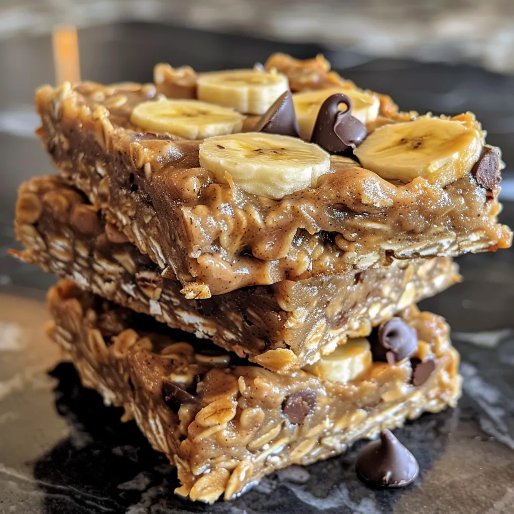 Side view of moist banana peanut butter oatmeal bars, showcasing chunky texture and chocolate bits.