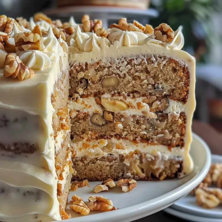 Creating Memories with Every Slice The Ultimate Banana Walnut Cream Cake A close-up side view of a Banana Walnut Cream Cake, showcasing its layered texture and creamy frosting.