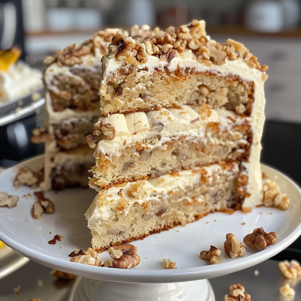 A detailed side shot of a slice of Banana Walnut Cream Cake, with visible banana slices and walnut pieces in the frosting.