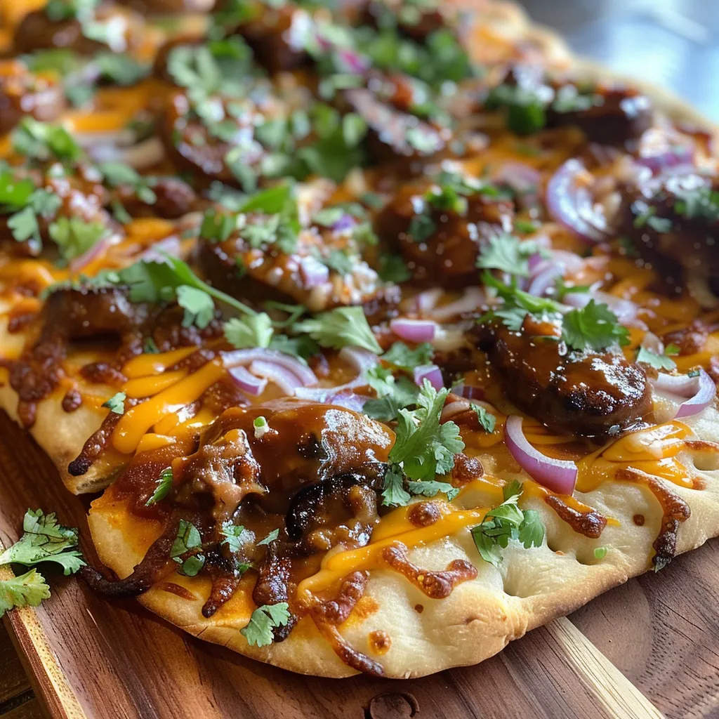 Detail of a flatbread pizza with BBQ beef sausage and tangy pickled onion garnish.
