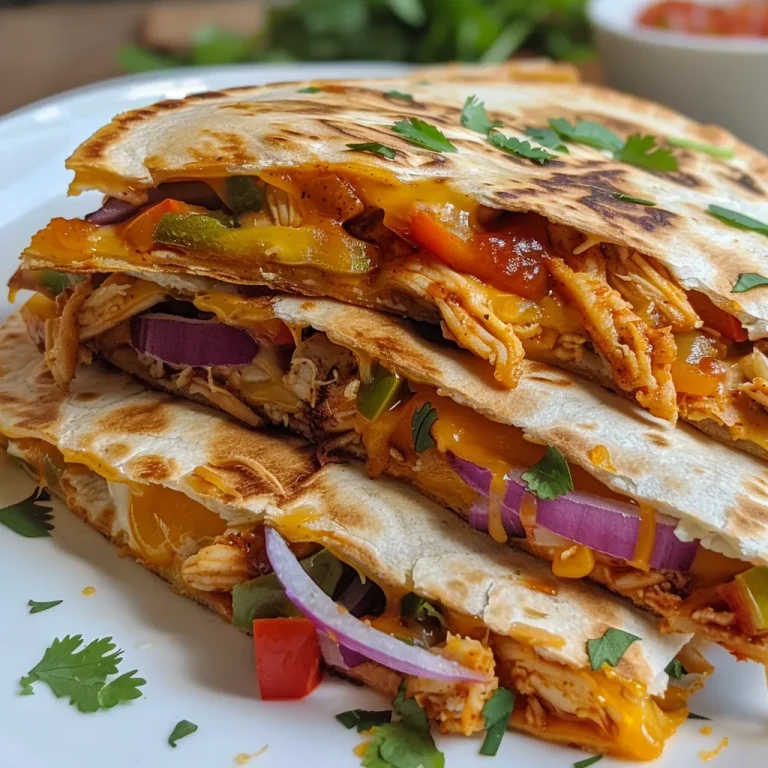 Close-up view of a BBQ chicken quesadilla with melted cheese and colorful vegetables.