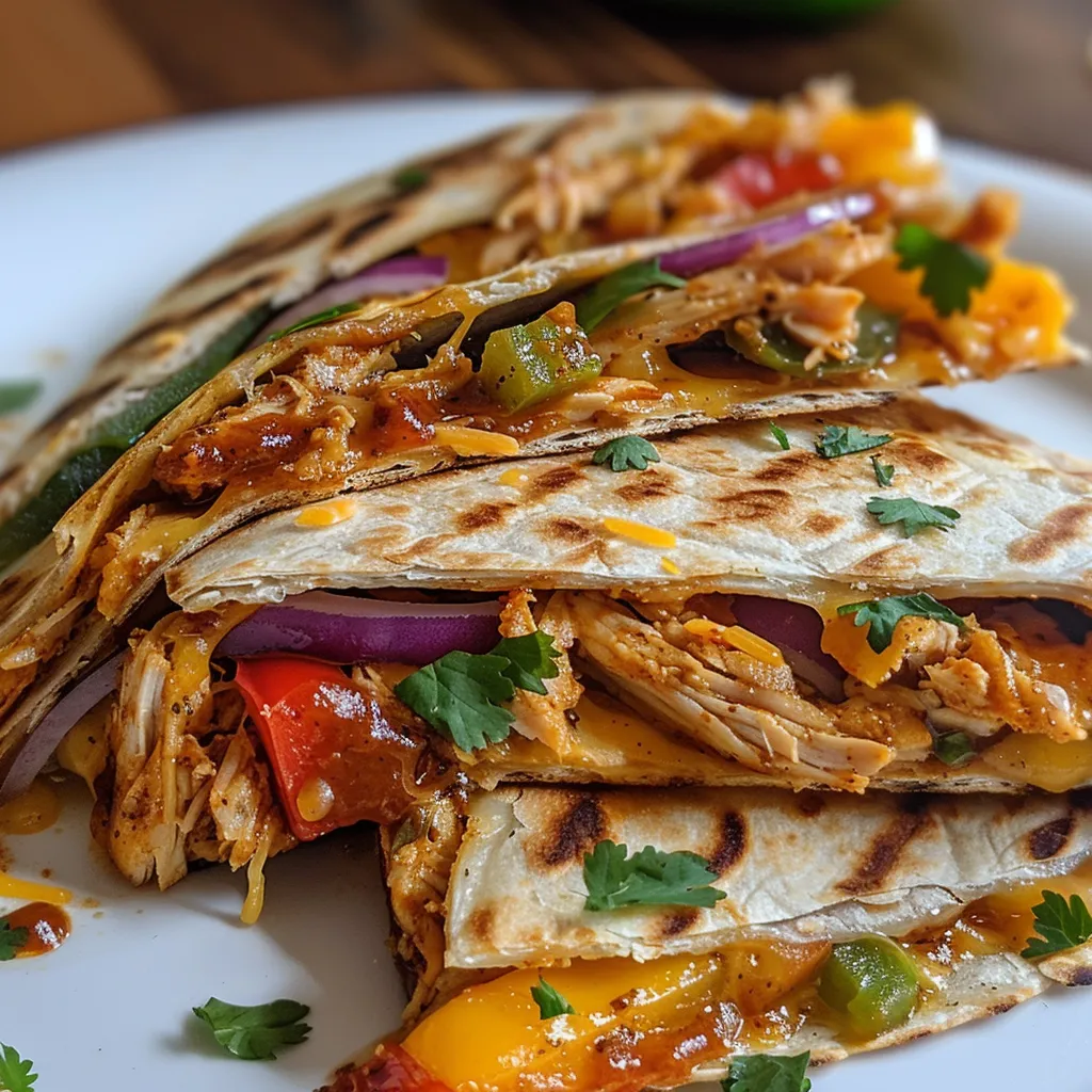 Side perspective of a BBQ chicken quesadilla revealing layers of chicken, cheese, and peppers.