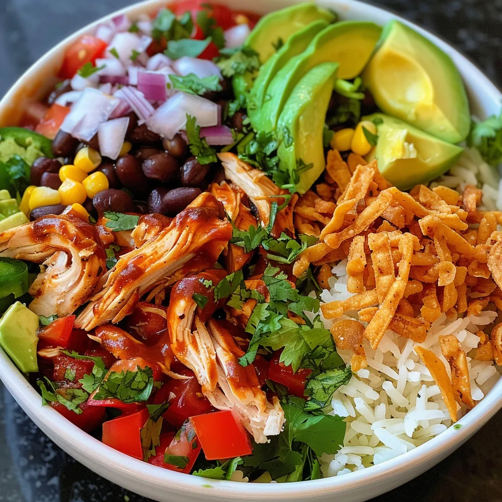 Juicy BBQ chicken rice bowl showcasing colorful ingredients in a casual dining setup.