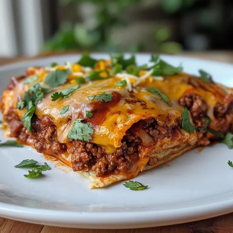 A Heartwarming Twist on Classic Enchiladas: Your New Family Favorite Side perspective of a cheesy beef enchilada bake, featuring colorful layers of enchilada sauce and toppings.