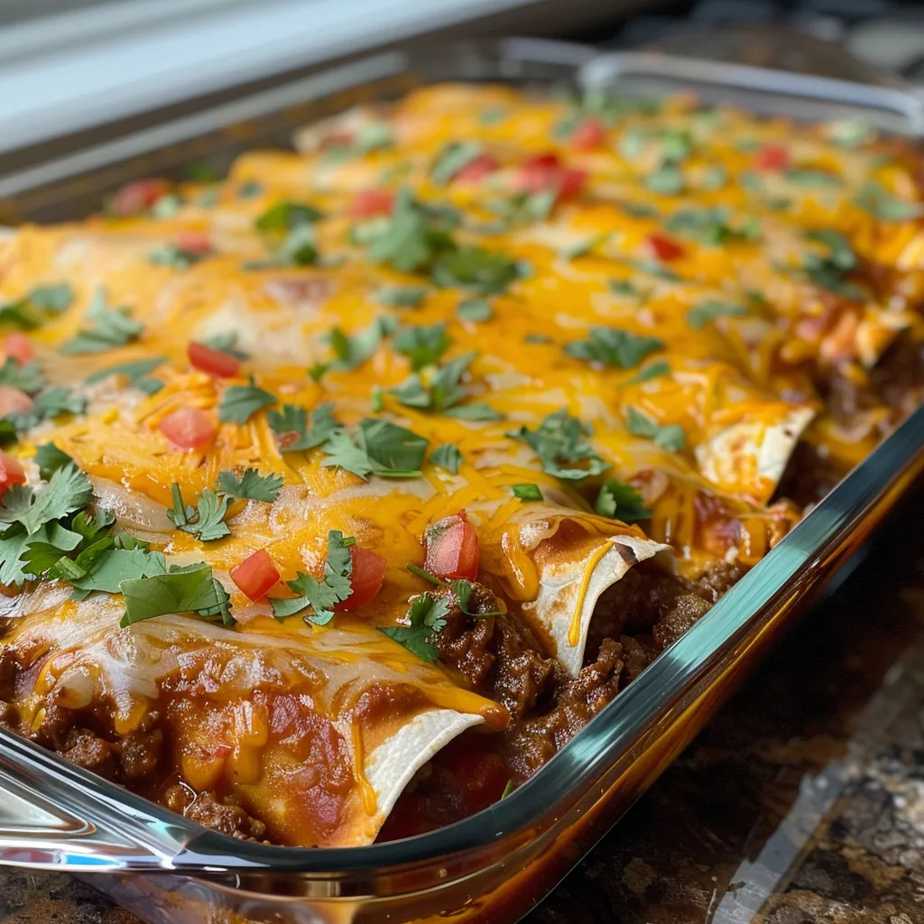 Delicious beef and cheese enchilada bake in a pan, emphasizing the gooey cheese and vibrant toppings.