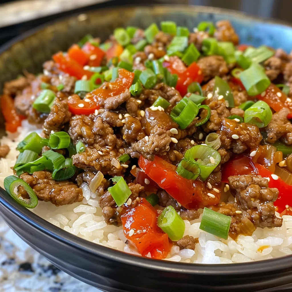 Side angle photo of a hearty Beef and Pepper Rice Bowl featuring diced vegetables and rice.