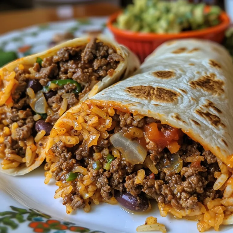 Close-up side view of juicy beef burritos stacked on a plate.