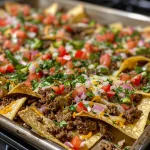 Close-up view of juicy beef nachos topped with melted cheese and fresh ingredients.