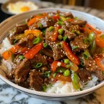 Close-up of a delicious beef stir-fry with colorful vegetables on a plate.