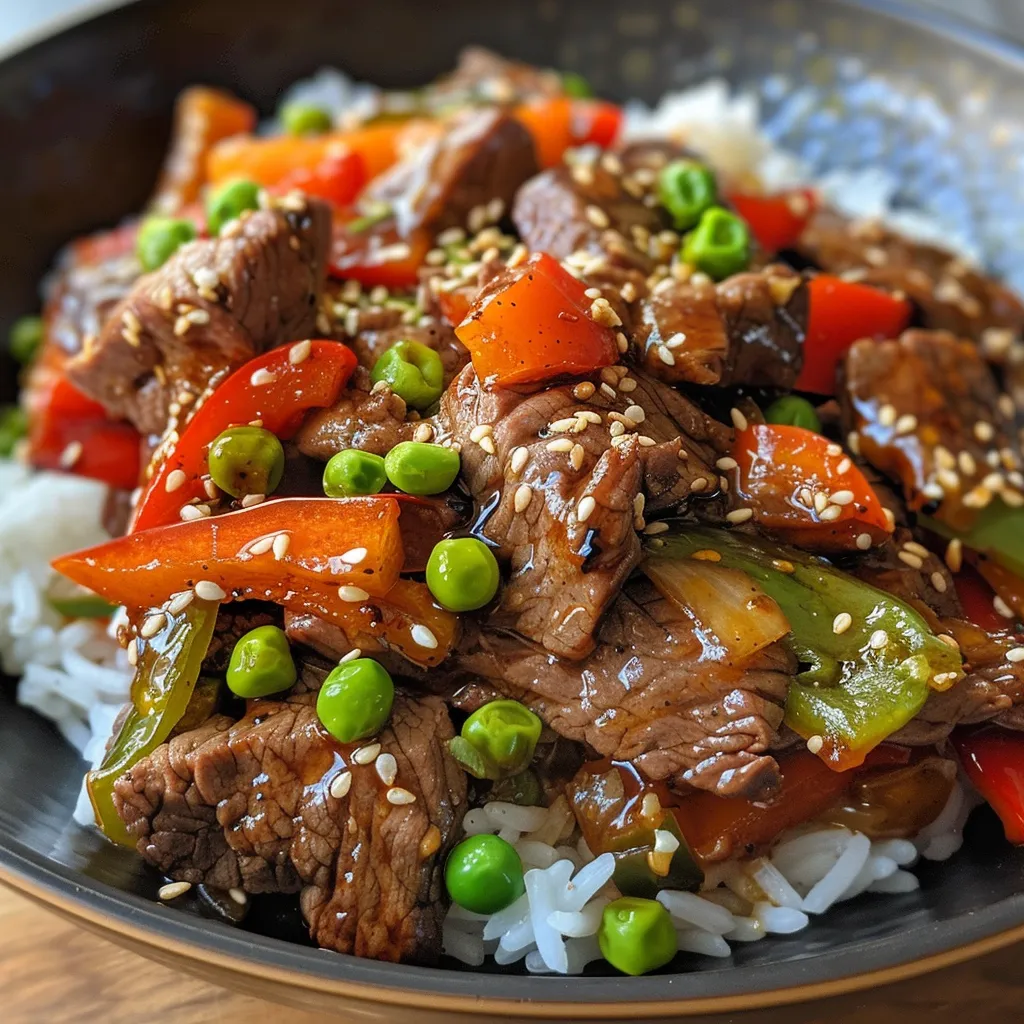 Side view of juicy beef stir-fry atop seasoned vegetable fried rice.