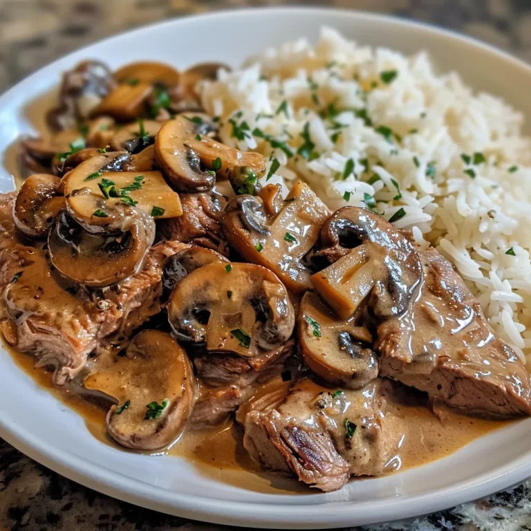 Crafting Comfort Unveiling the Heart of Beef Stroganoff Close-up of a bowl filled with Beef Stroganoff served over rice, showcasing juicy slices of steak and creamy sauce.