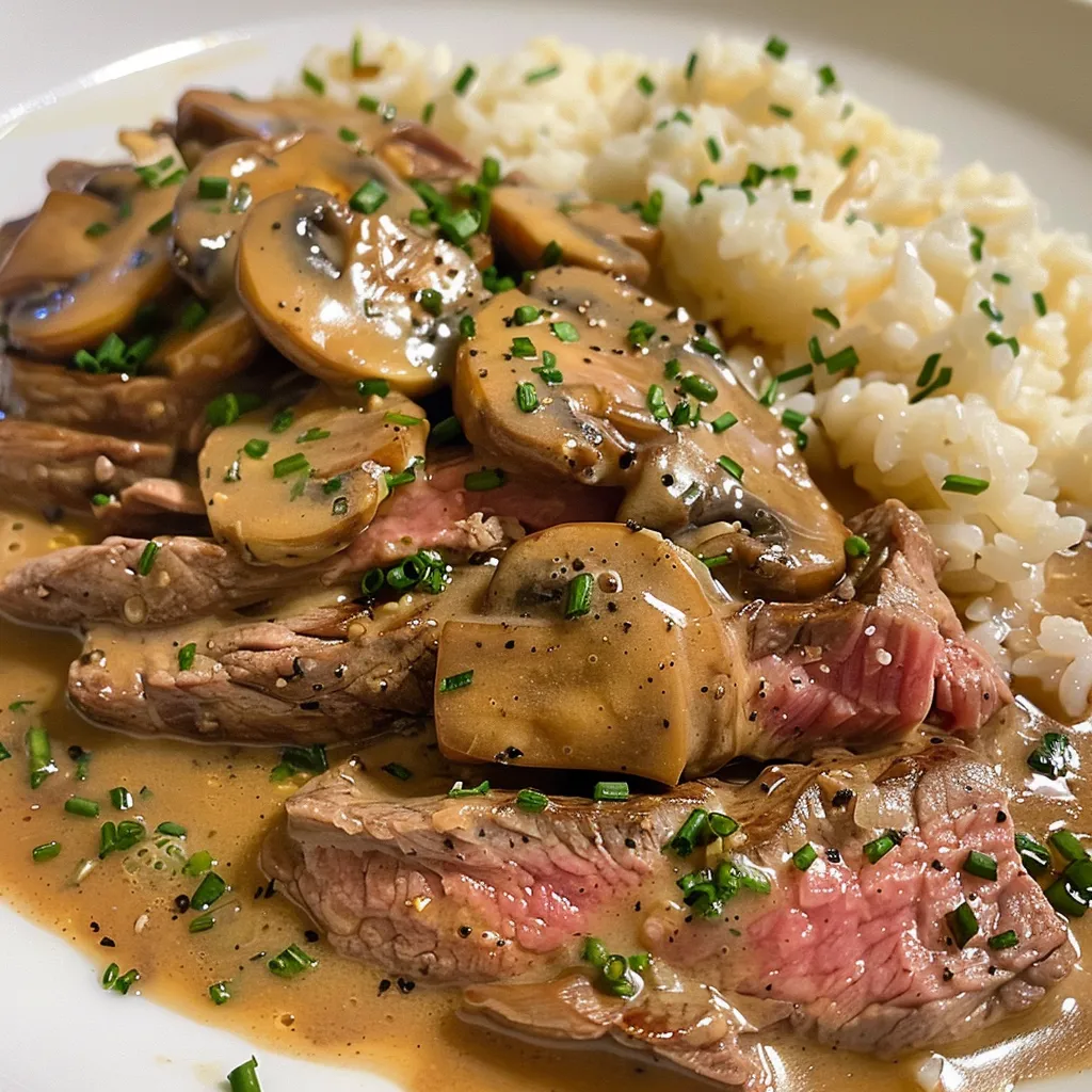 Side view of a delicious Beef Stroganoff dish with rice, highlighting tender beef and sautéed mushrooms.