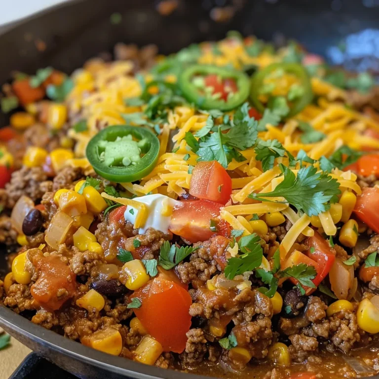A close-up view of a delicious beef taco skillet with colorful ingredients.