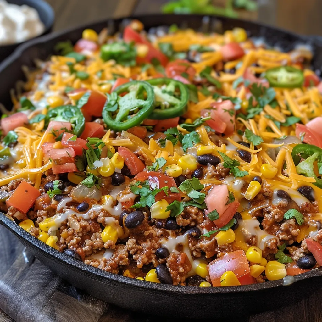Juicy beef taco skillet featuring ground beef, diced vegetables, and melted cheese.