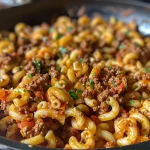 Close-up of a bowl of Beefaroni with ground beef, macaroni, and tomato sauce.