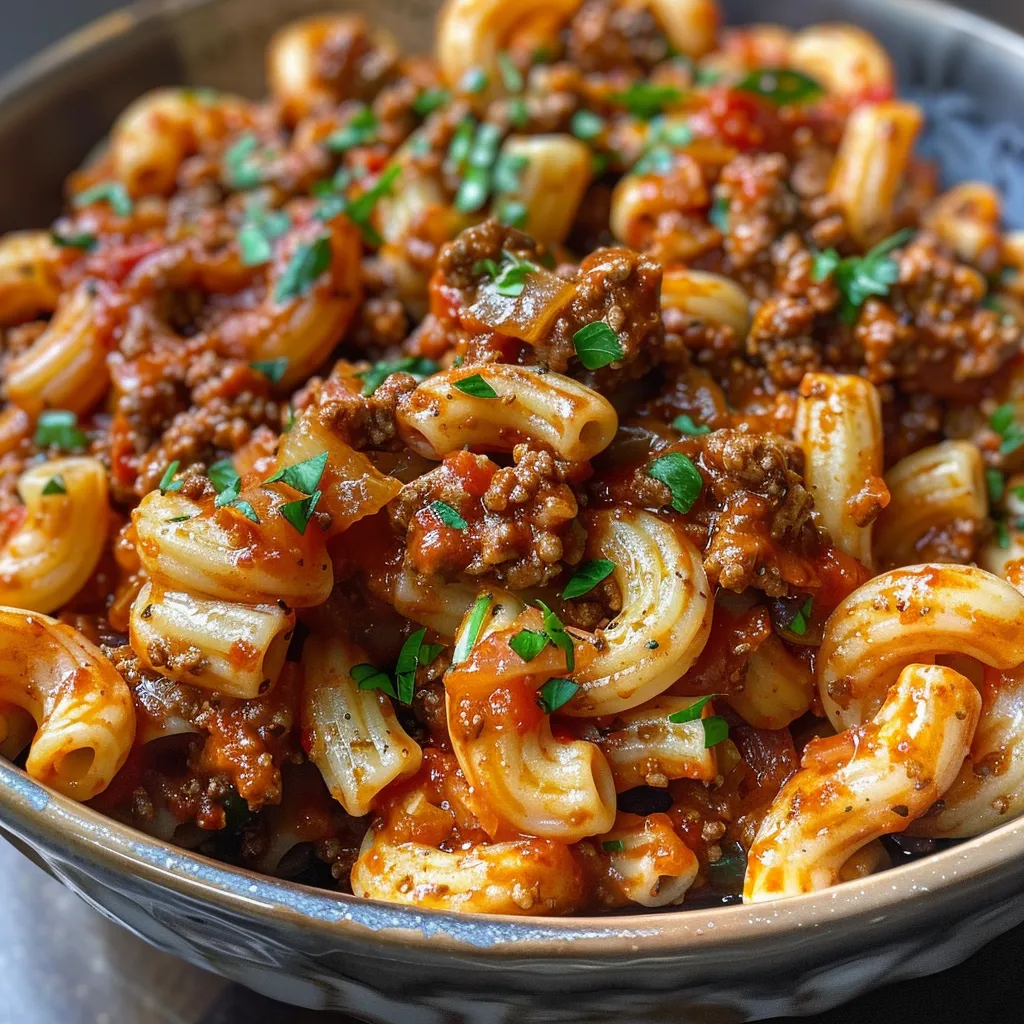 Side view of a serving of Beefaroni topped with cheese and parsley.