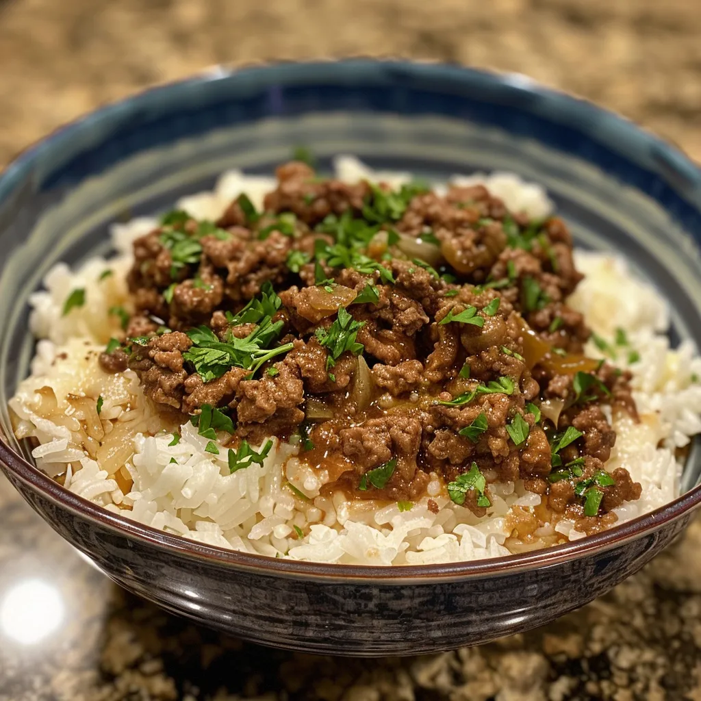 A side angle of a Beefy Garlic Butter Bowl filled with savory ingredients, including beef, rice, and garlic.