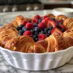 A mouthwatering side view of a baked dish featuring croissant pieces topped with fresh berries.