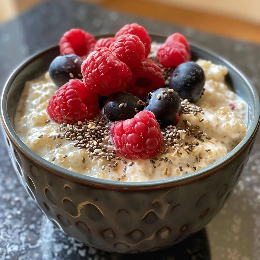 A detailed image of Berry Protein Overnight Oats featuring vibrant raspberries and blueberries, set against a wooden background.