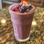 Close-up of a vibrant berry protein smoothie in a glass, showcasing its thick texture and garnished with fresh berries.