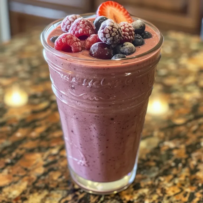 Close-up of a vibrant berry protein smoothie in a glass, showcasing its thick texture and garnished with fresh berries.
