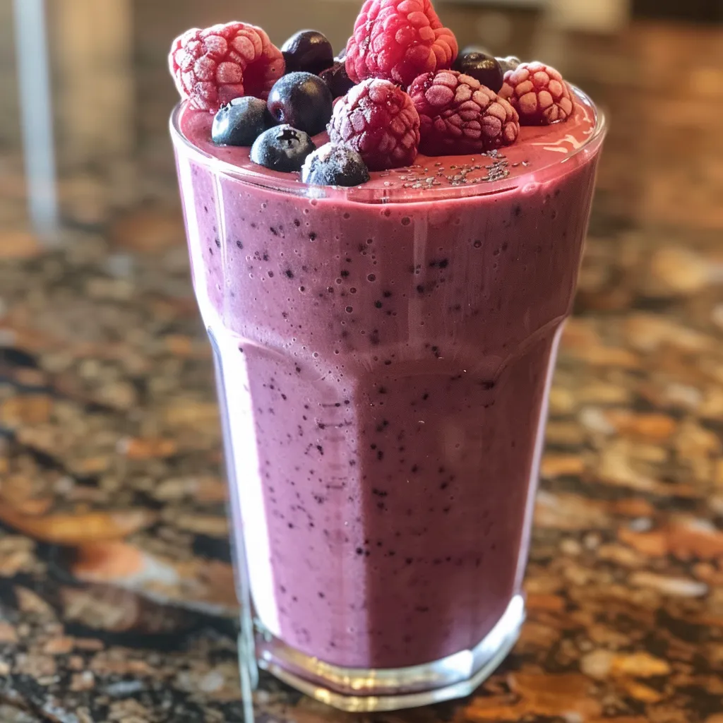 Side view of a delicious berry protein smoothie with mixed berries and a banana, displayed in a clear glass with a straw.