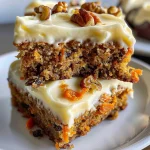 Juicy carrot cake squares displayed on a plate, showcasing frosting and textures.