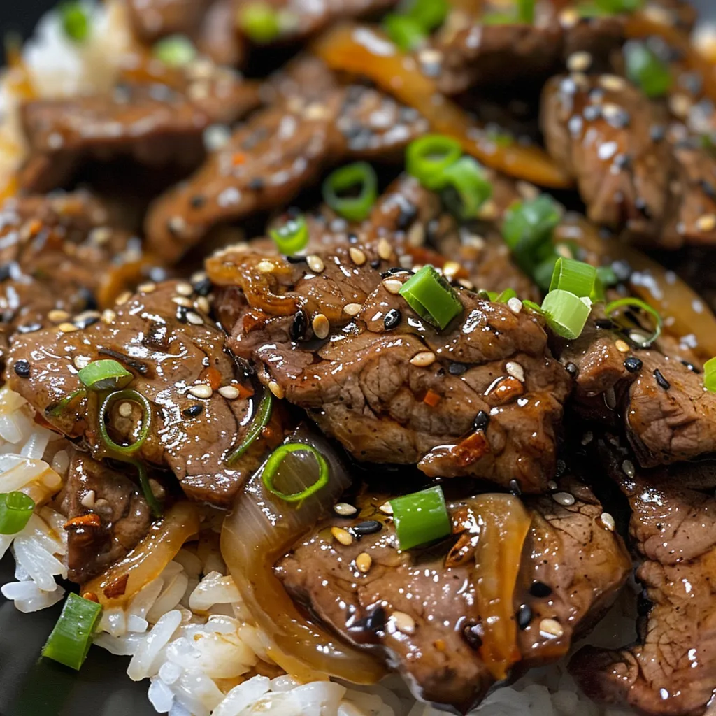 A mouthwatering close-up of black pepper beef, highlighting the tender meat and garnishes.