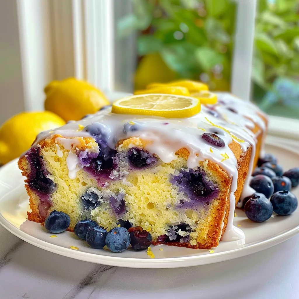 Freshly baked blueberry lemon pound cake slice, highlighting blueberries and a bright lemon glaze.