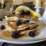 Delicious ricotta pancakes with blueberries and lemon zest, served warm.