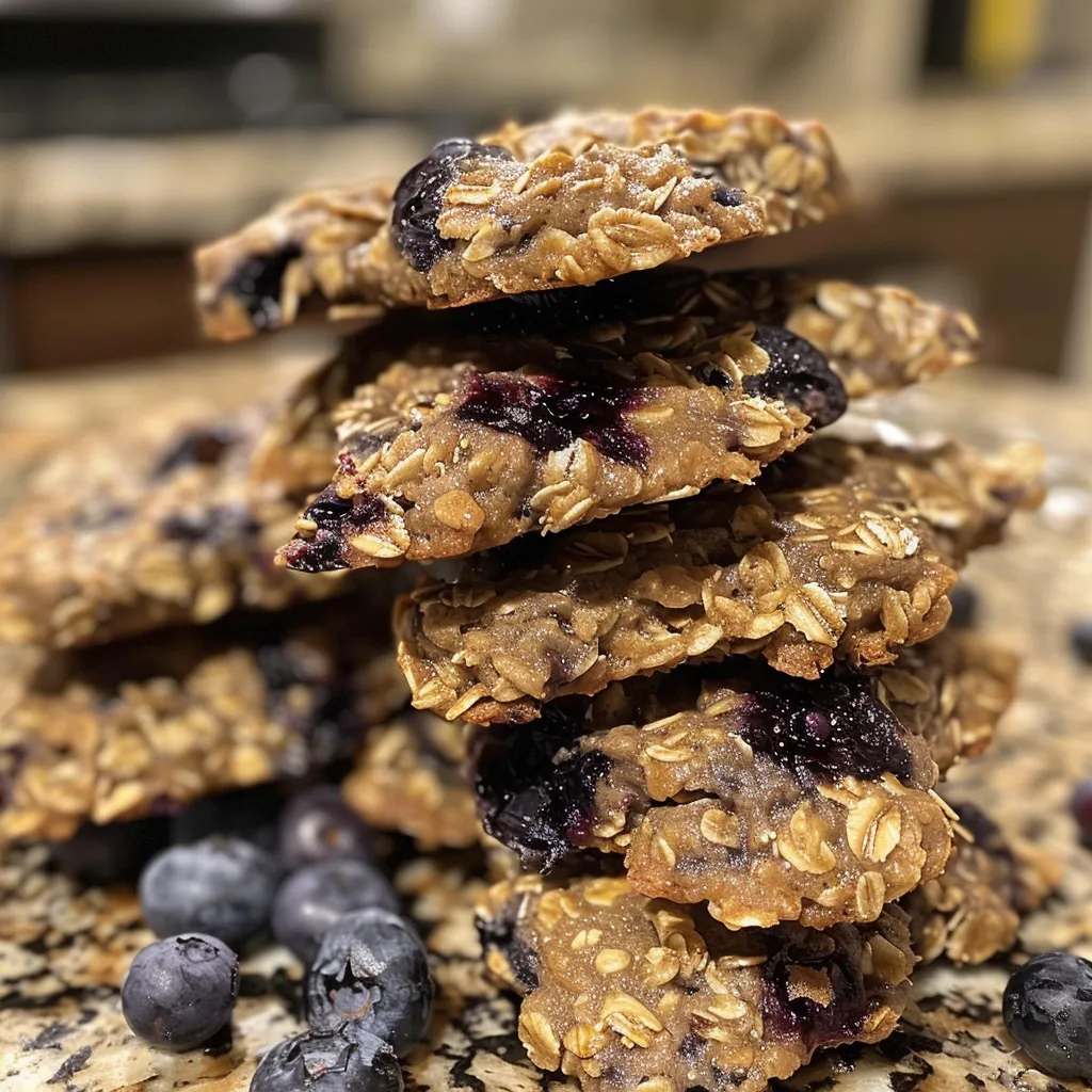 A side view of blueberry oat cookies, highlighting the juicy blueberries and oat texture.