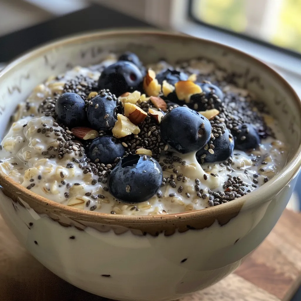 Side view of a colorful bowl of blueberry overnight oats with yogurt, chia seeds, and maple syrup.