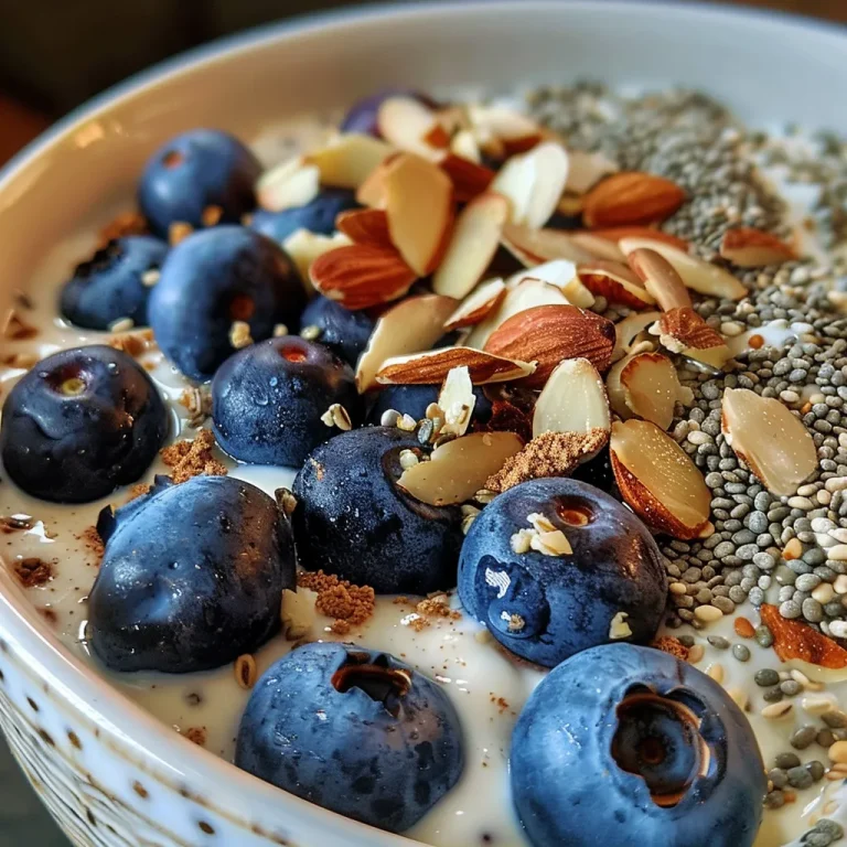 Close-up of a Blueberry Protein Bowl topped with fresh blueberries and sliced almonds.