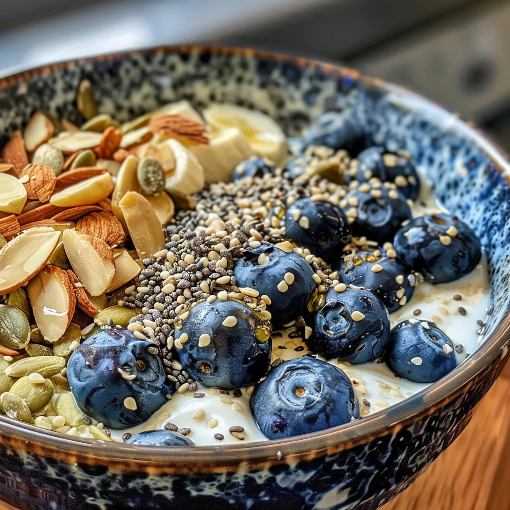 A side view of a bowl filled with Greek yogurt, honey, and hemp seeds, garnished with blueberries.