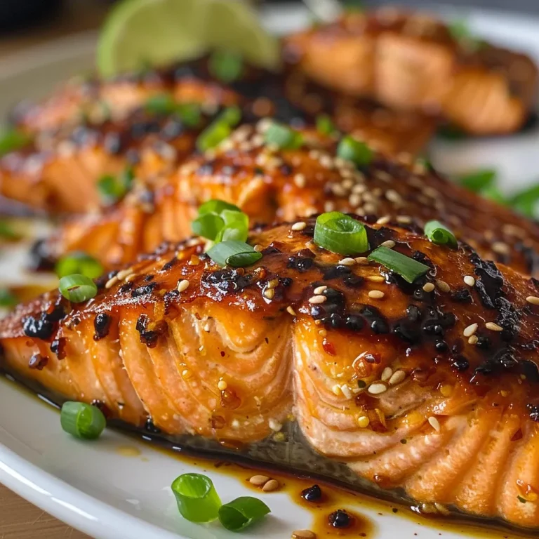 Elevate Your Dinner with Broiled Salmon and Thai Sweet Chili Magic Side view of a perfectly cooked salmon fillet, topped with Thai sweet chili glaze and fresh green onion slices.
