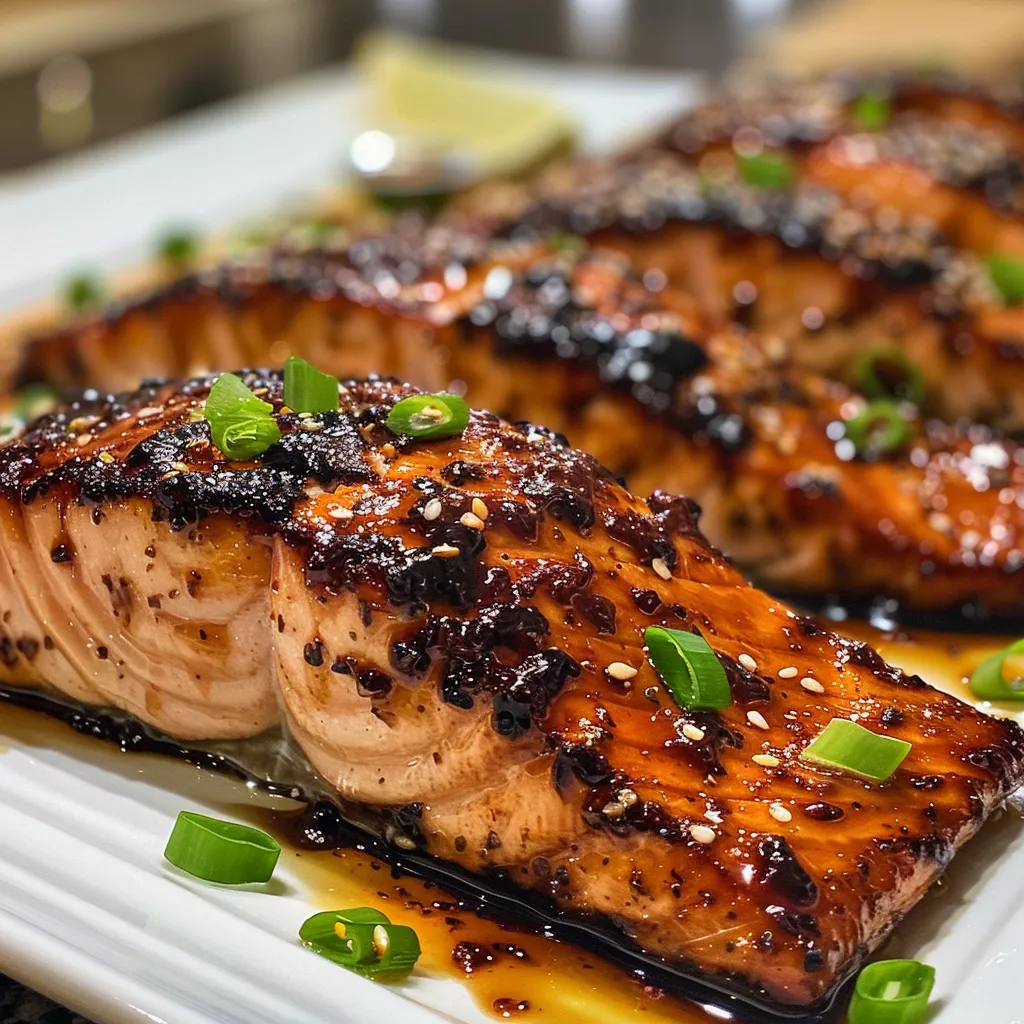 Mouthwatering broiled salmon drizzled with sweet chili sauce, highlighting the rich glaze and garnishes.