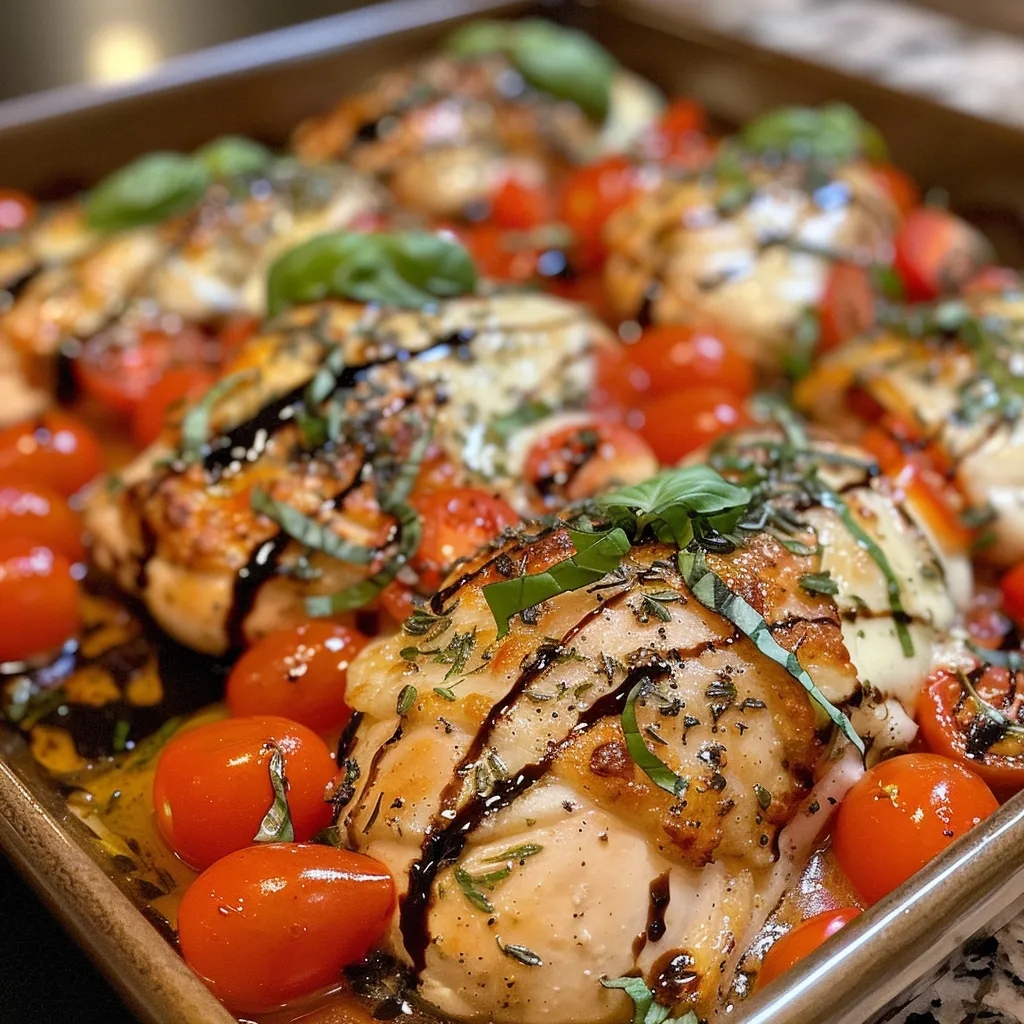A delicious serving of Bruschetta Chicken Bake with fresh herbs and a glossy balsamic glaze.