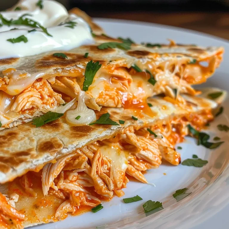 Spice Up Your Dinner: The Ultimate Buffalo Chicken Quesadilla Recipe A delicious side view of a Buffalo Chicken Quesadilla, garnished and drizzled with ranch dressing.