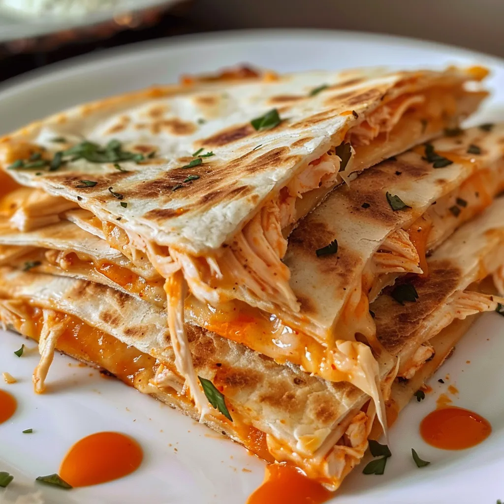 Close-up of golden-brown Buffalo Chicken Quesadillas with a crispy tortilla and visible filling.