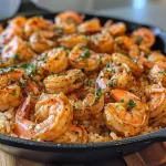 Side view of a Cajun shrimp and rice skillet filled with succulent shrimp and fluffy rice.