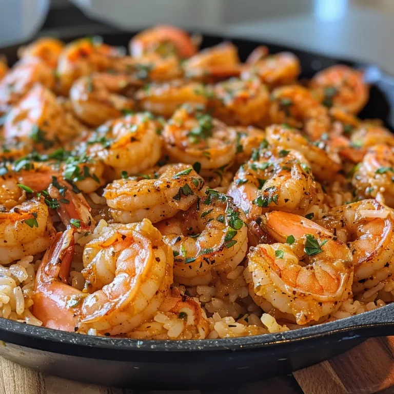 A Flavorful Journey: Elevating Your Kitchen with Cajun Shrimp and Rice Skillet Side view of a Cajun shrimp and rice skillet filled with succulent shrimp and fluffy rice.