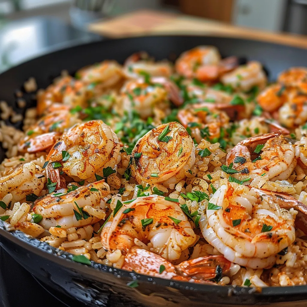 A mouthwatering Cajun shrimp and rice skillet, highlighting shrimp and a blend of spices.