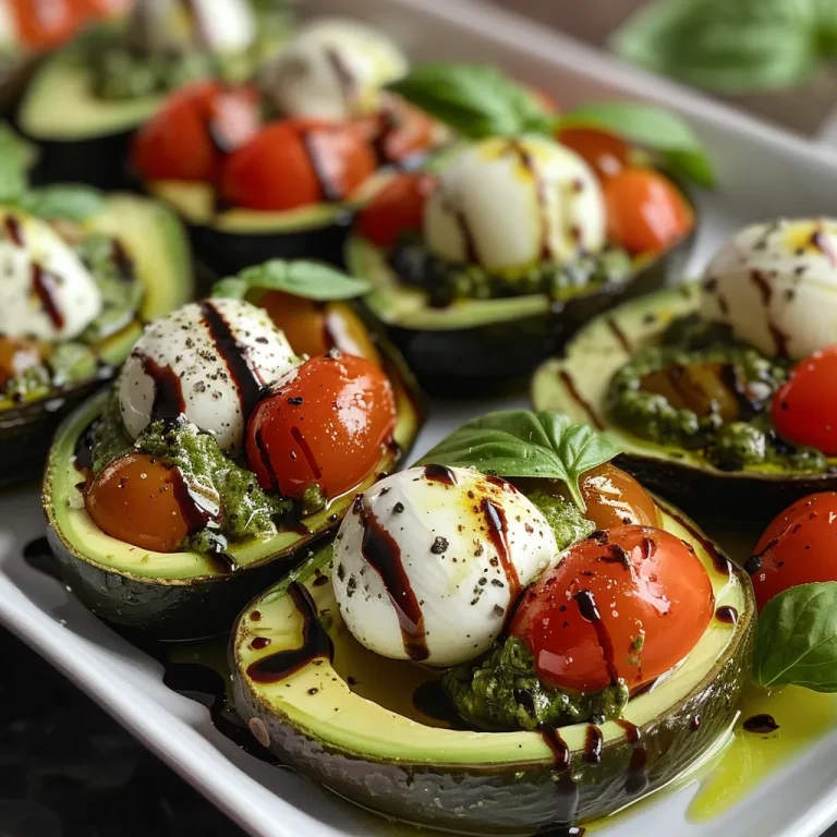 Juicy Caprese stuffed avocado topped with fresh basil and balsamic glaze.