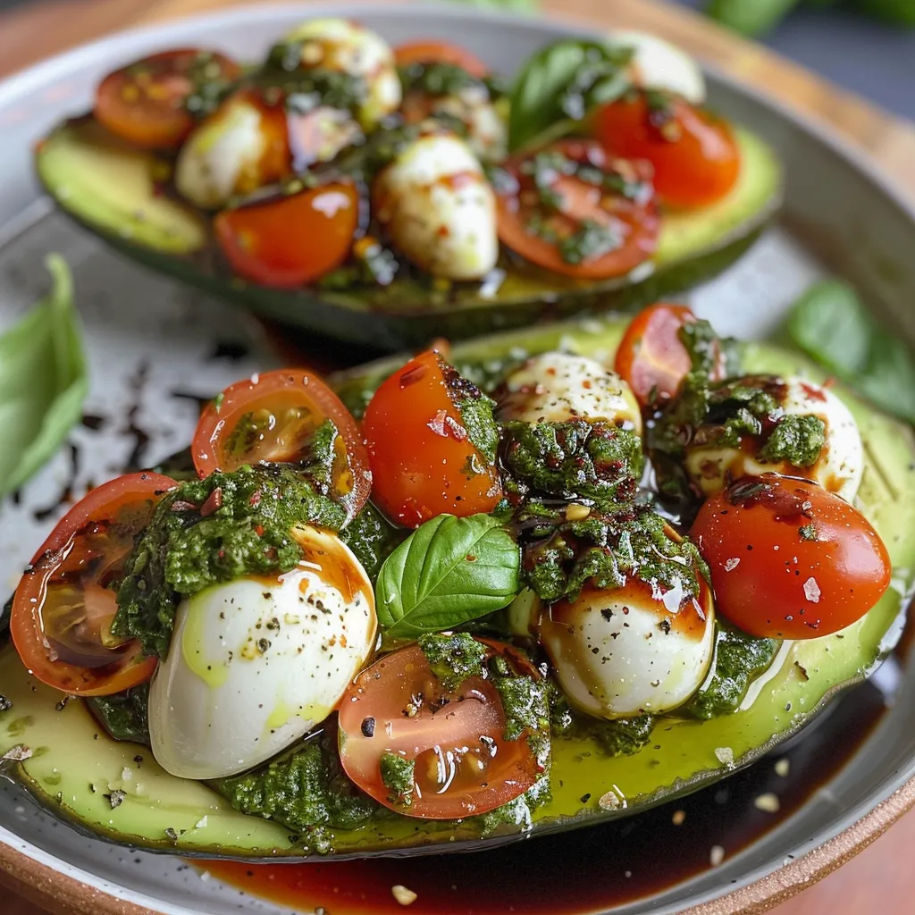 Colorful Caprese salad ingredients displayed in ripe avocado halves.