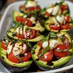 Juicy avocados packed with colorful Caprese salad ingredients on a wooden surface.