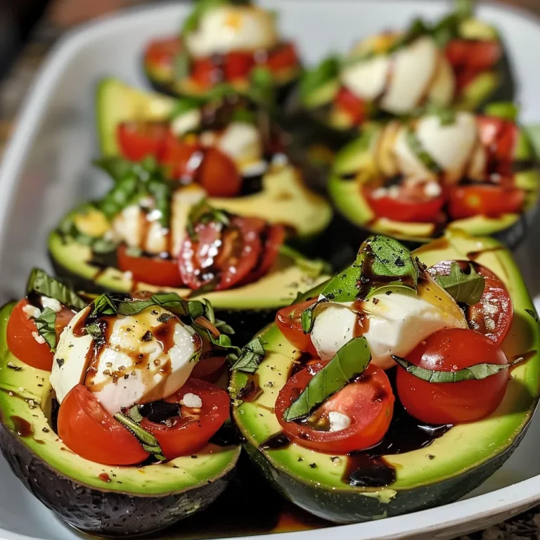 Juicy avocados packed with colorful Caprese salad ingredients on a wooden surface.